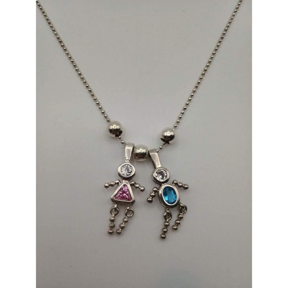 Vintage .925 Sterling Silver Articulated Birthstone Necklace 1 Boy And 1 Girl SF